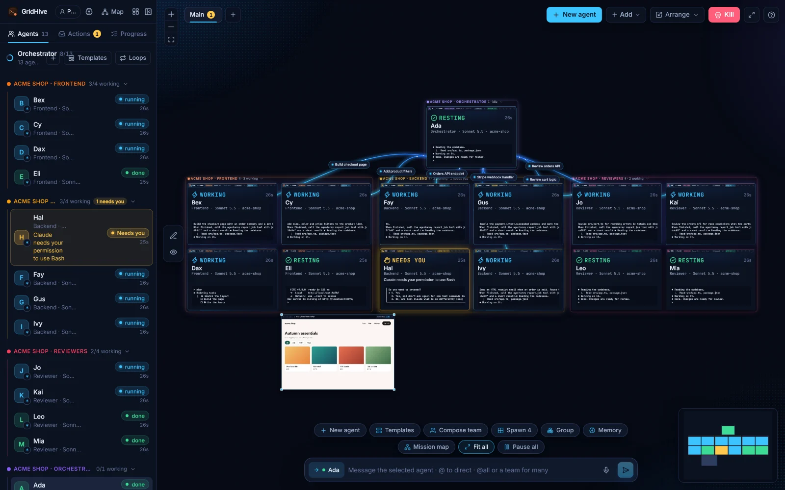 The board: an orchestrator, three teams in frames, jobs drawn as lines, and a live preview of the shop an agent is building.